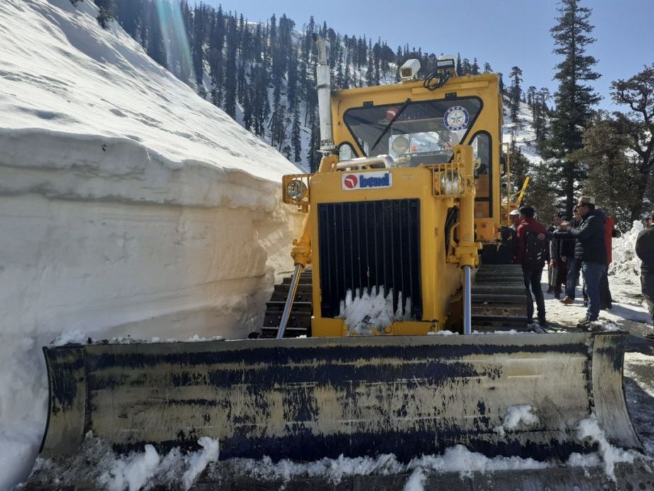 The tele-operated dozer clears snow from Manali Leh road