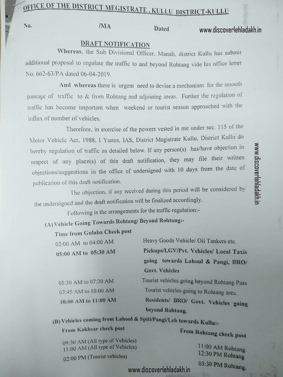 Official order of Rohtang pass timing system