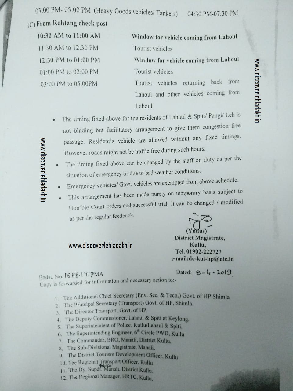 Official order of vehicle timing system on Rohtang pass