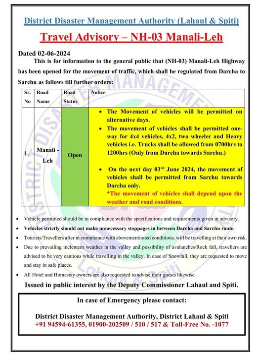 Leh Manali road traffic advisory