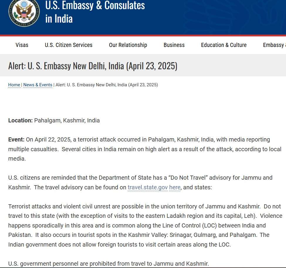 US issues travel advisory to India, espeically J&amp;K.