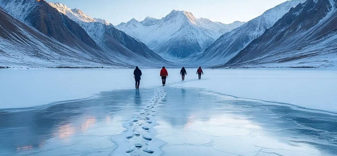Tourists walking on frozen Pangong Lake in Leh Ladakh - Discover Leh Ladakh